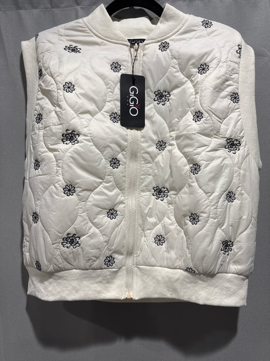 Quilted puffer vest with embroidered flowers