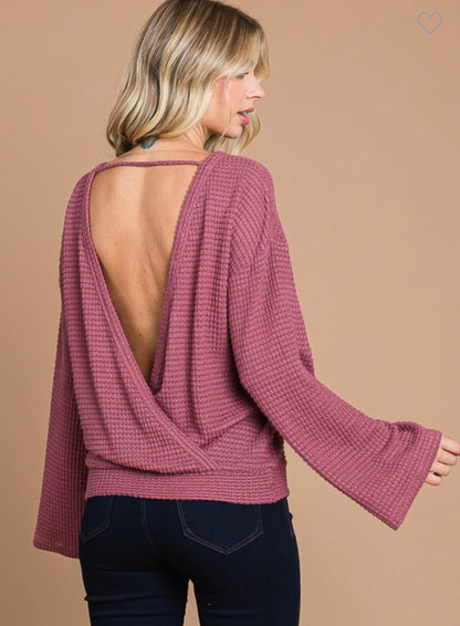 Waffle knit open back bell sleeve top