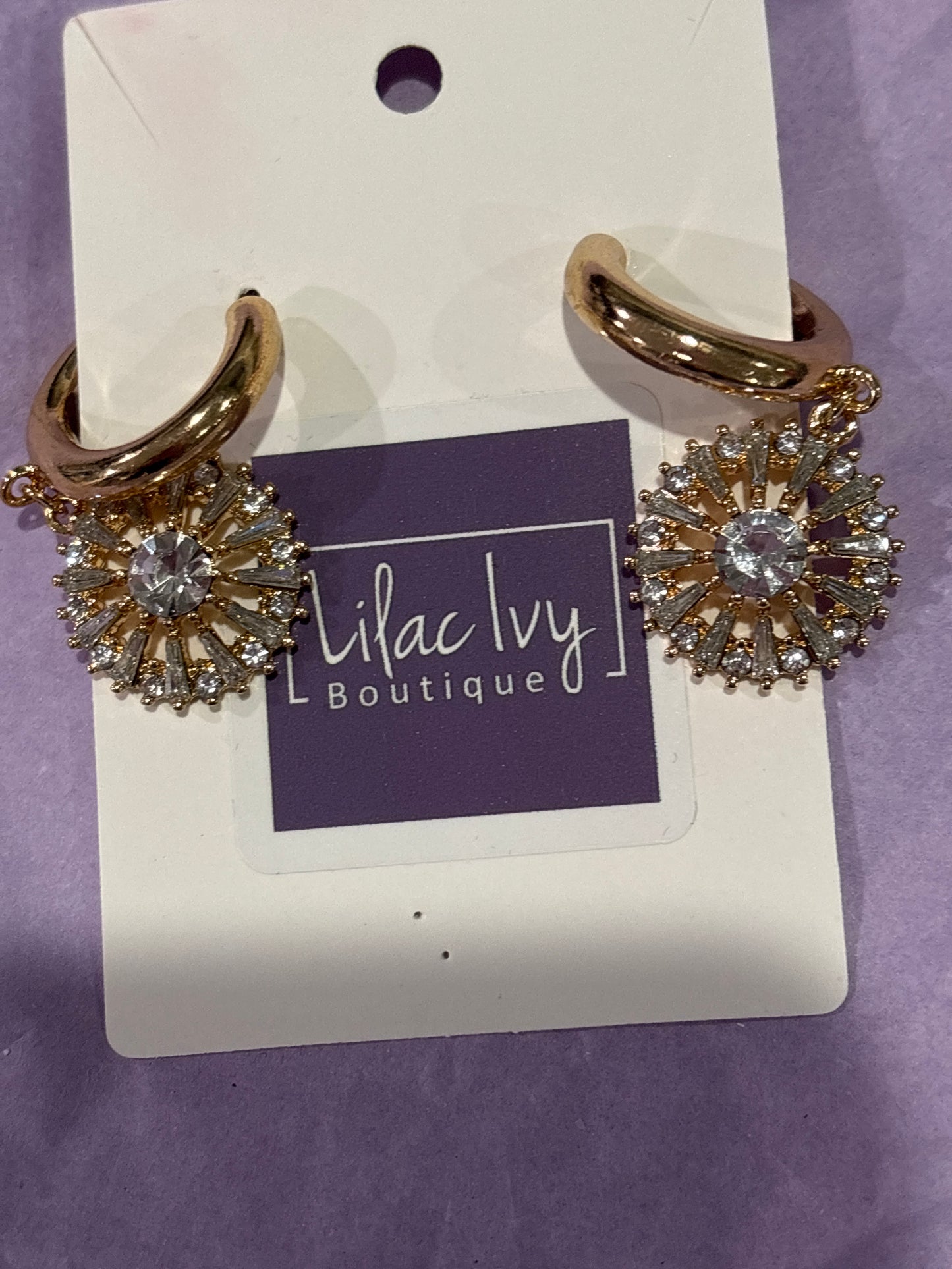 Small gold hoop with rhinestone Sunburst drop