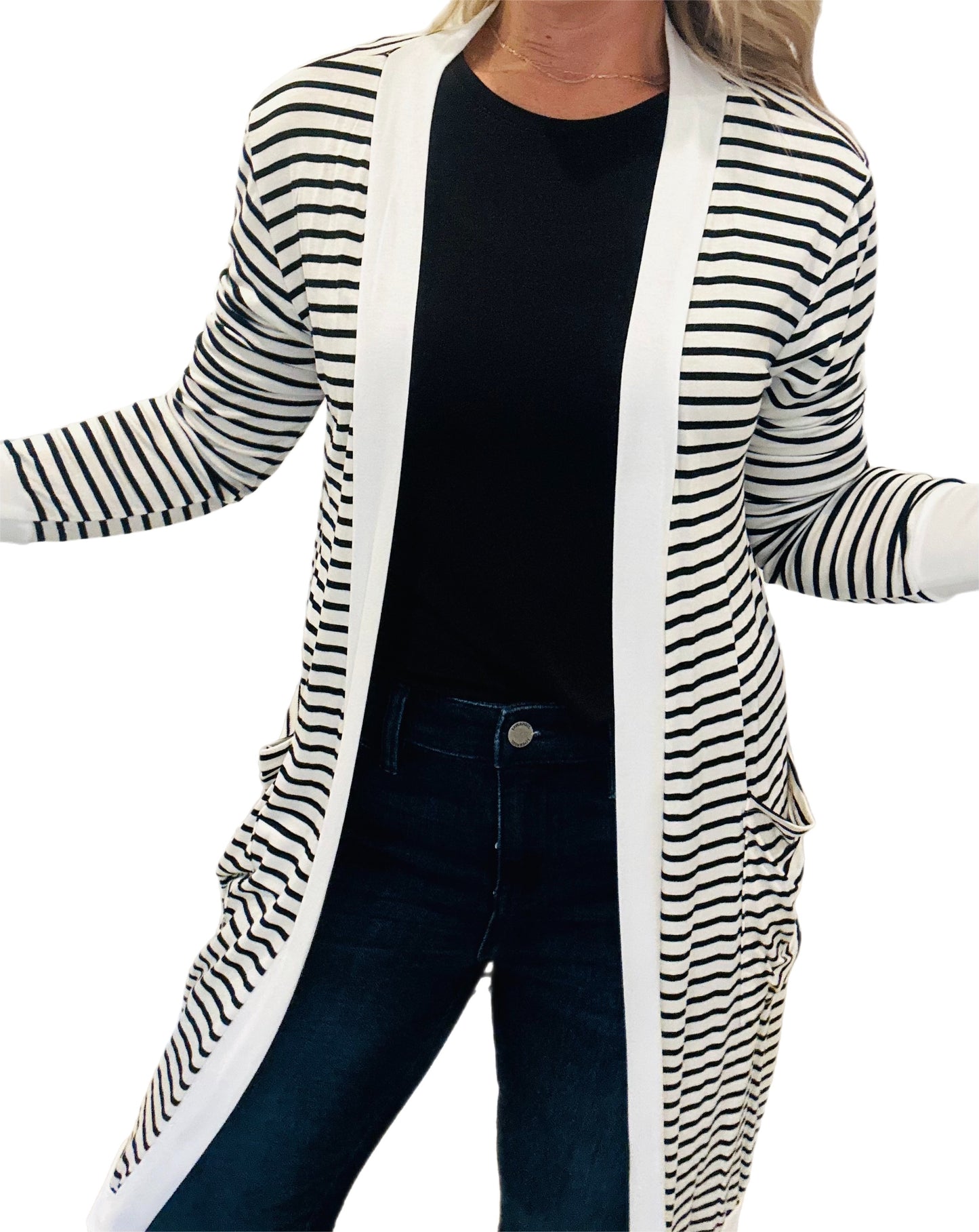 Stripe open midi cardigan with sample white/Black stripe