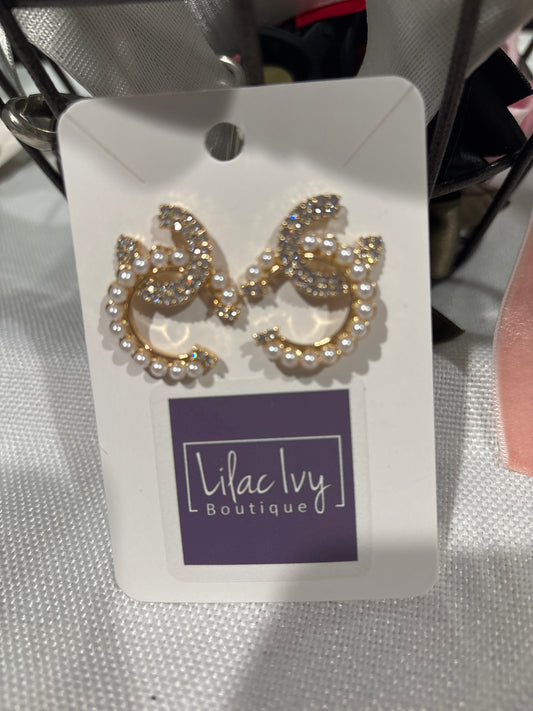 Pearl and rhinestone double C earrings