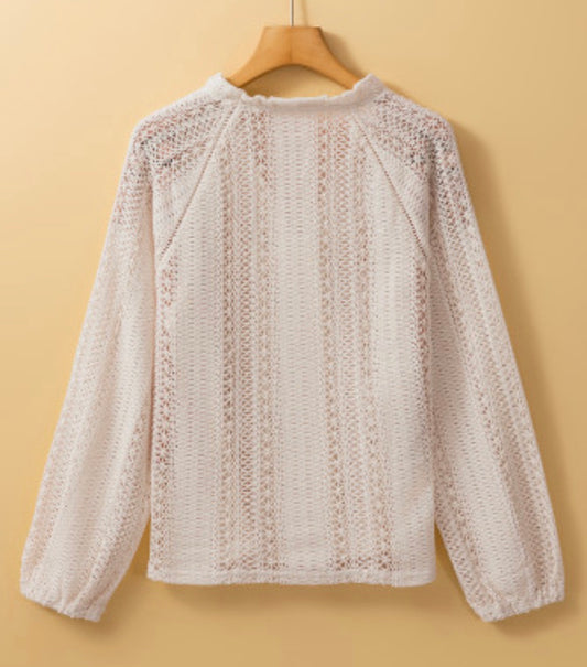 Lace, hollow out puff sleeve button up shirt