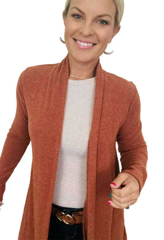 Brushed ribbed cardigan - rust