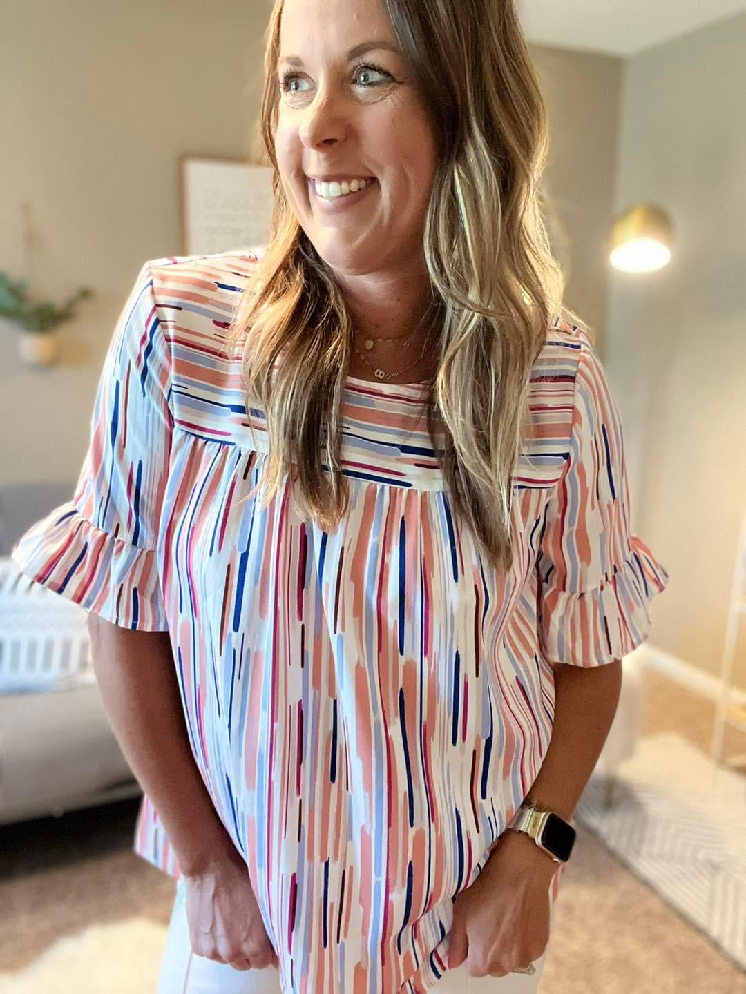 Multicolor splash stripe half sleeve blouse