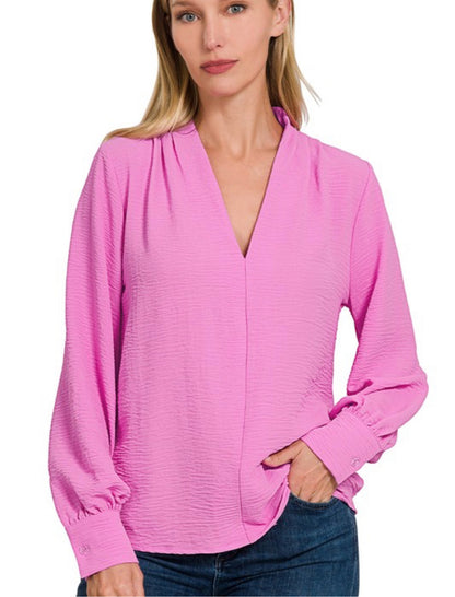 Woven V-neck long sleeve top