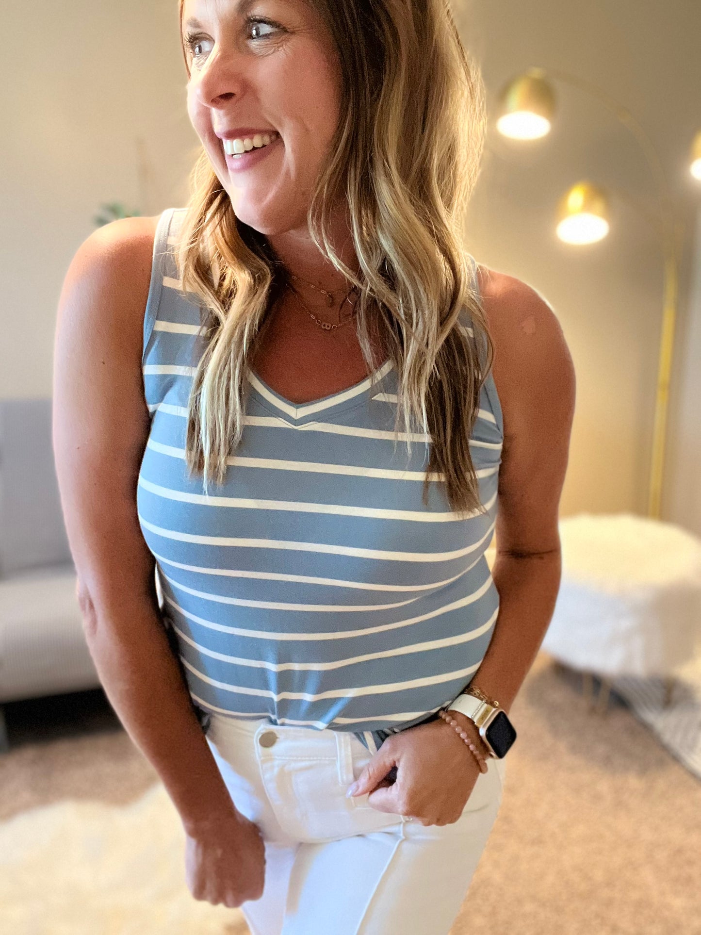 Striped sleeveless V-neck top