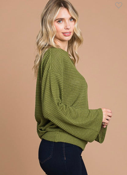 Waffle knit open back bell sleeve top