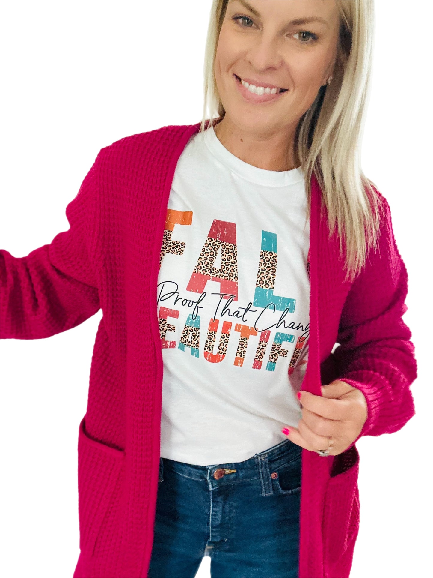 Waffle knit cardigan with front pockets - teal or magenta