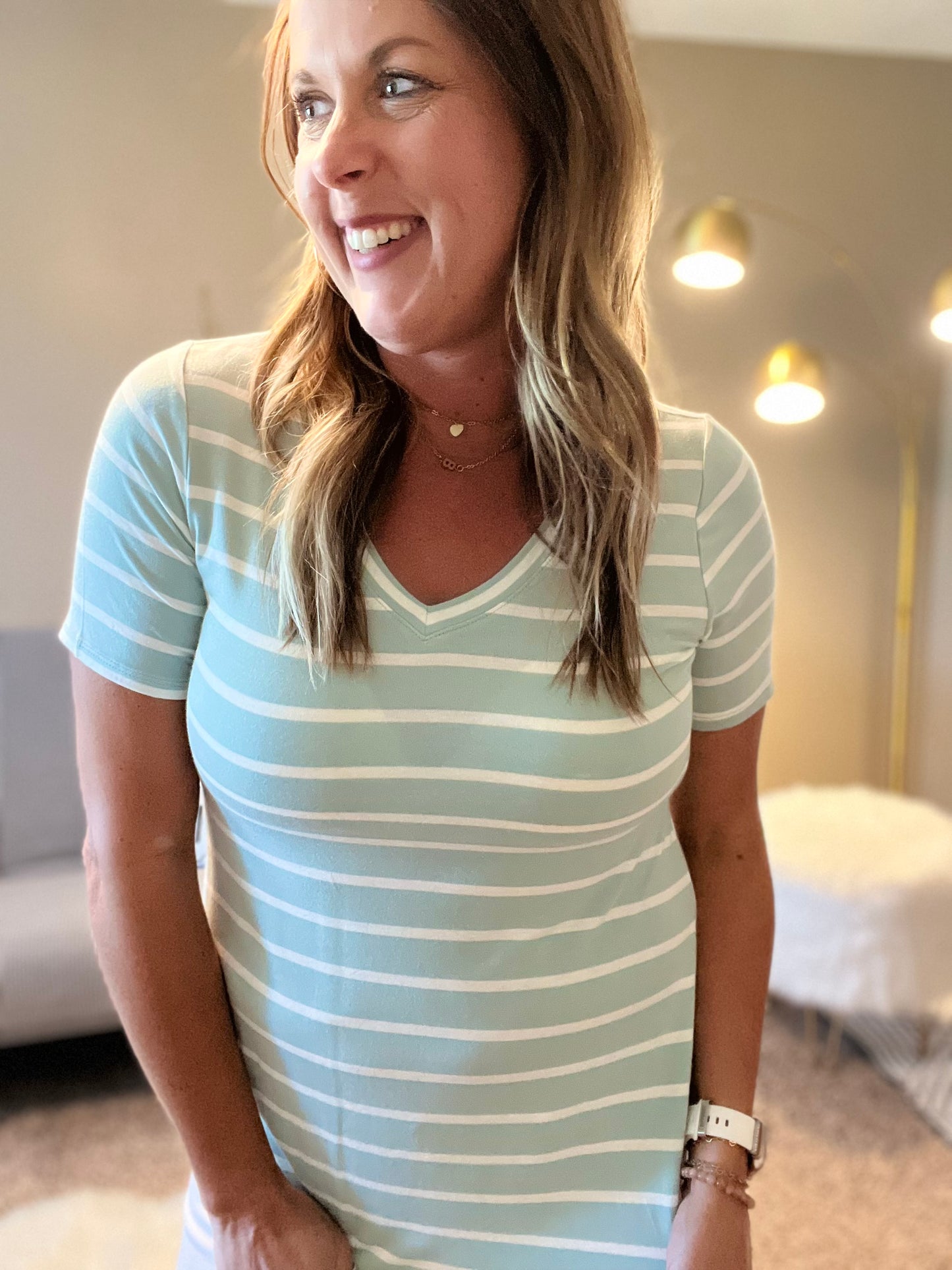 Stripe v neck short sleeve top - lt green or black
