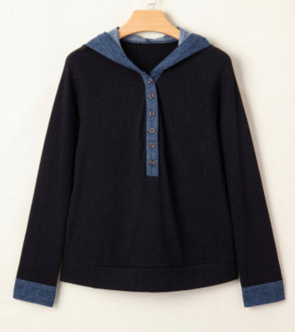 Denim patchwork, hooded, long sleeve top