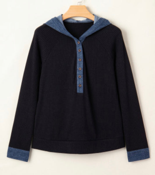 Denim patchwork, hooded, long sleeve top