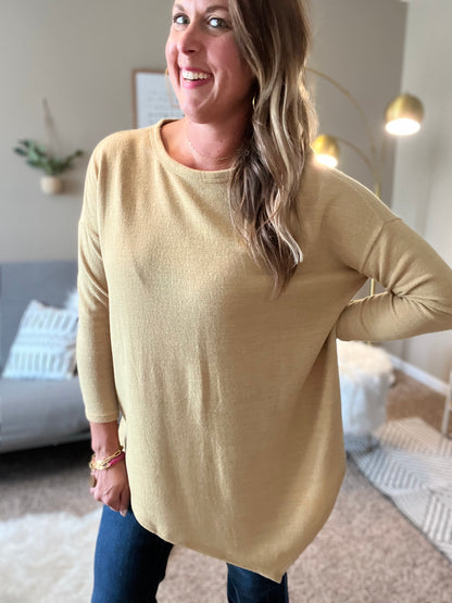 Two tone brushed sweater top with asymmetrical hem - mustard