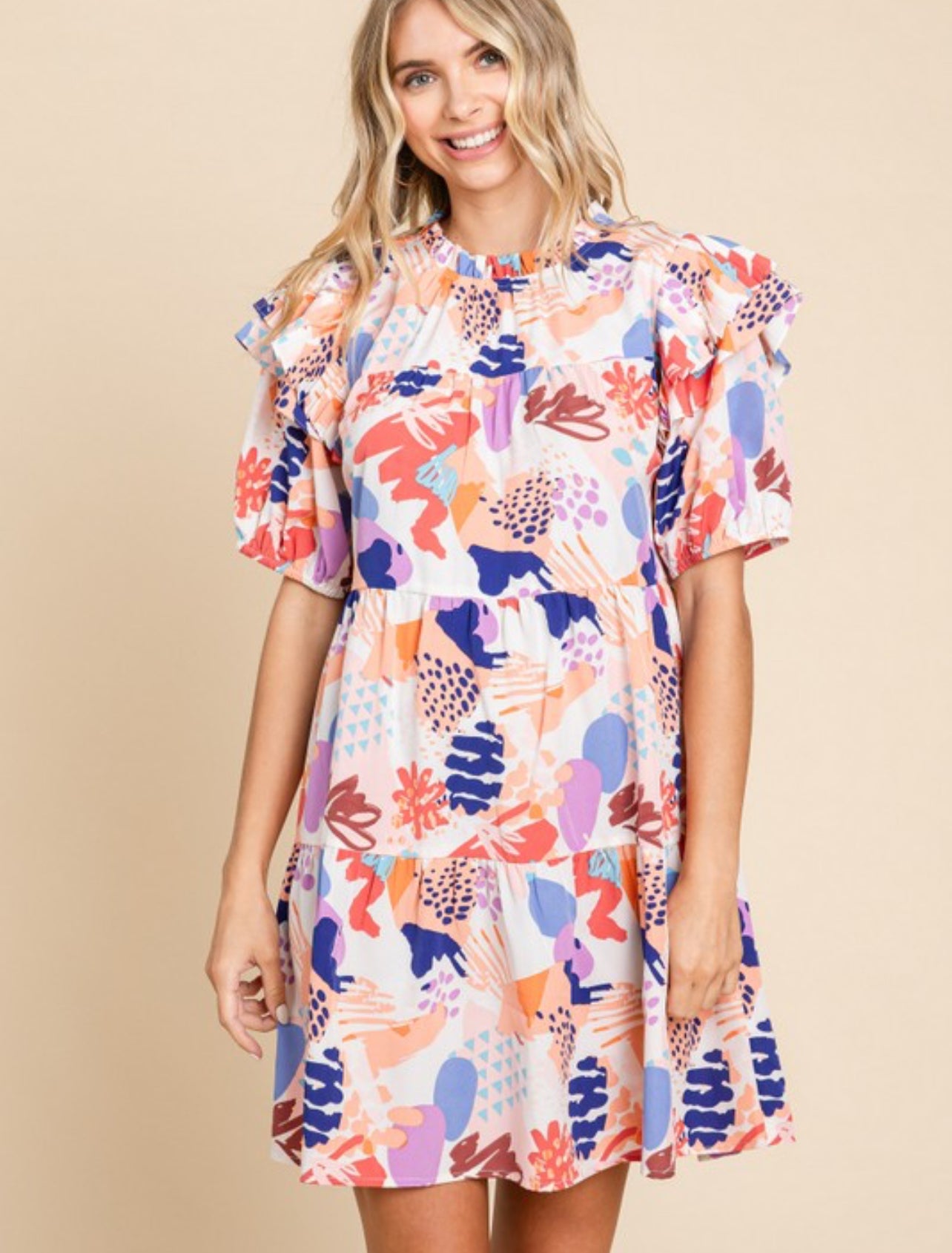 Print ruffle shoulder dress