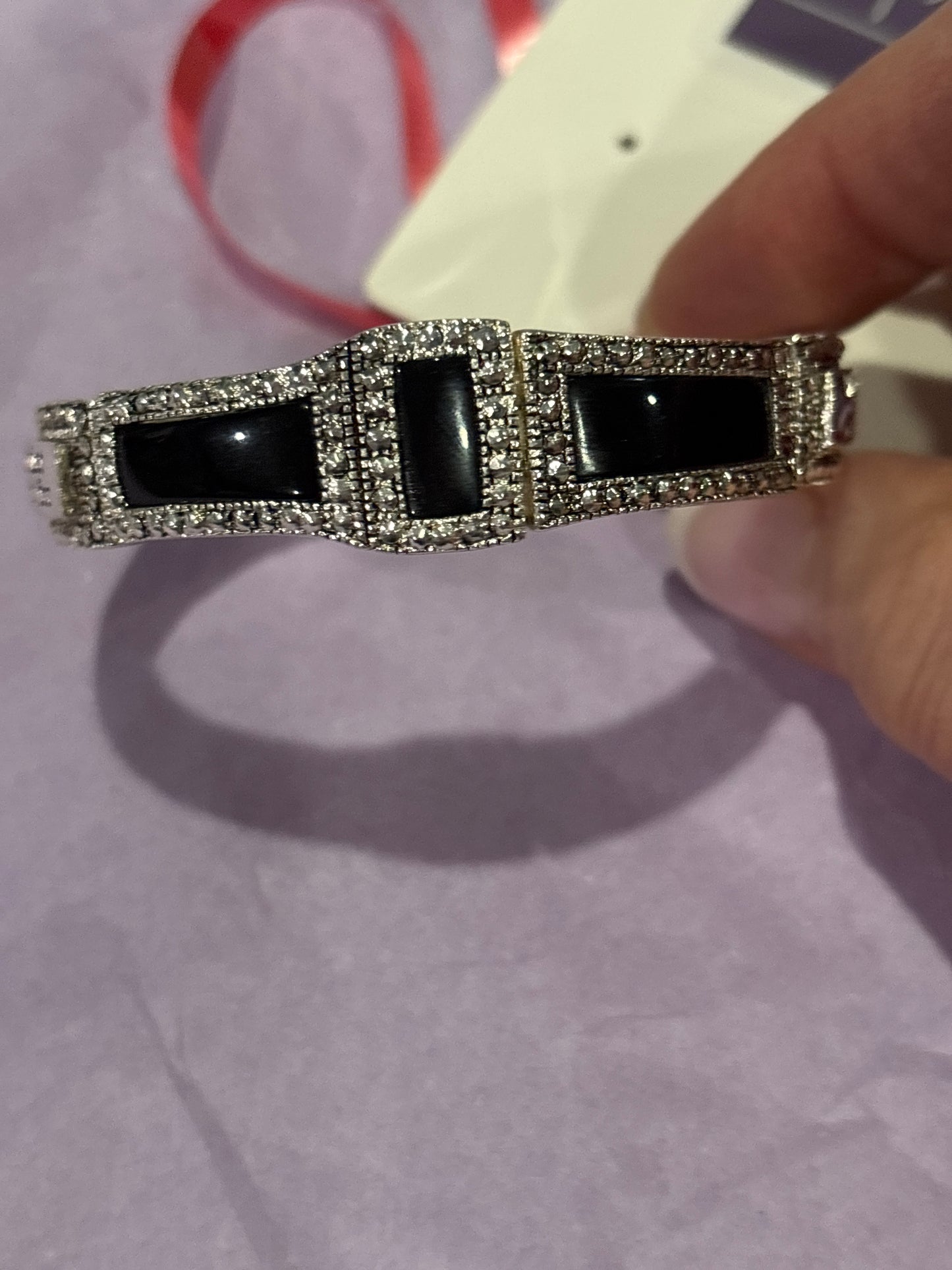 Ebony and rhinestone silver stretch bracelet
