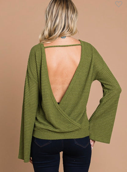 Waffle knit open back bell sleeve top