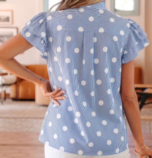 Polkadot print, pleated, ruffle sleeve shirt