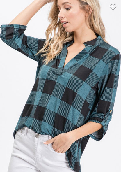 Roll Up Button Sleeve Plaid Top