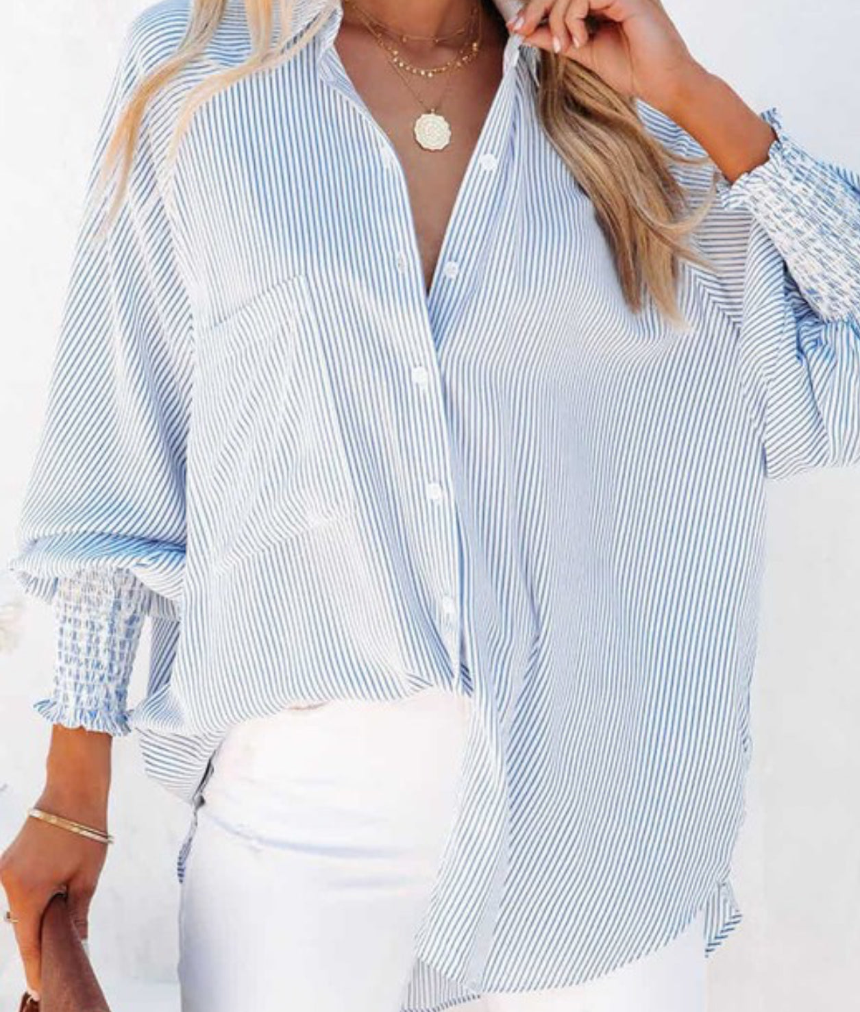 Smocked, cuffed, striped boyfriend shirt with pocket