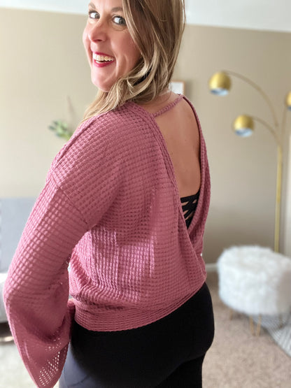 Waffle knit open back bell sleeve top