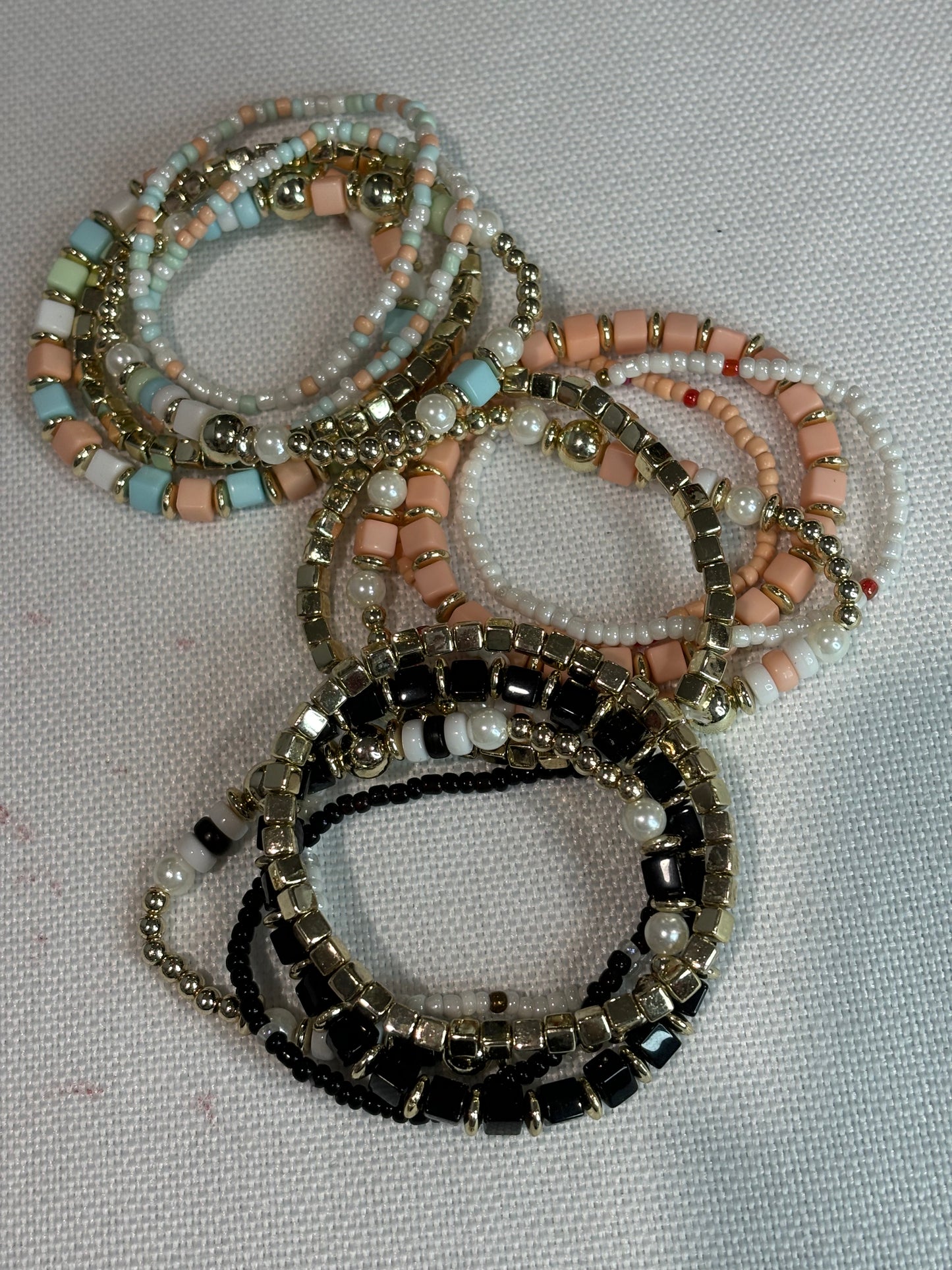Five piece mixed beads layered stretch bracelet set