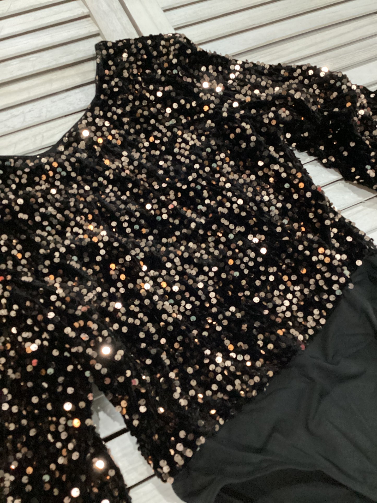 Black velvet bodysuit with gold sequins