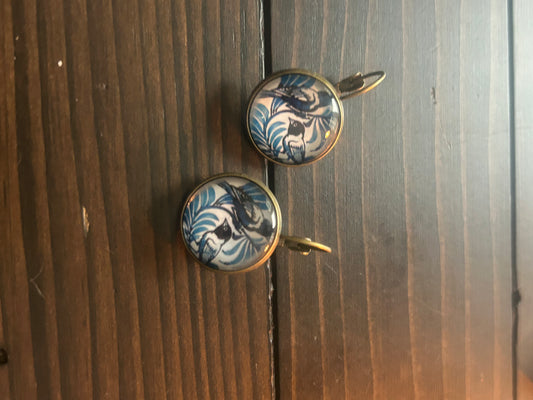 Button Drop Blue Bird Print Earrings