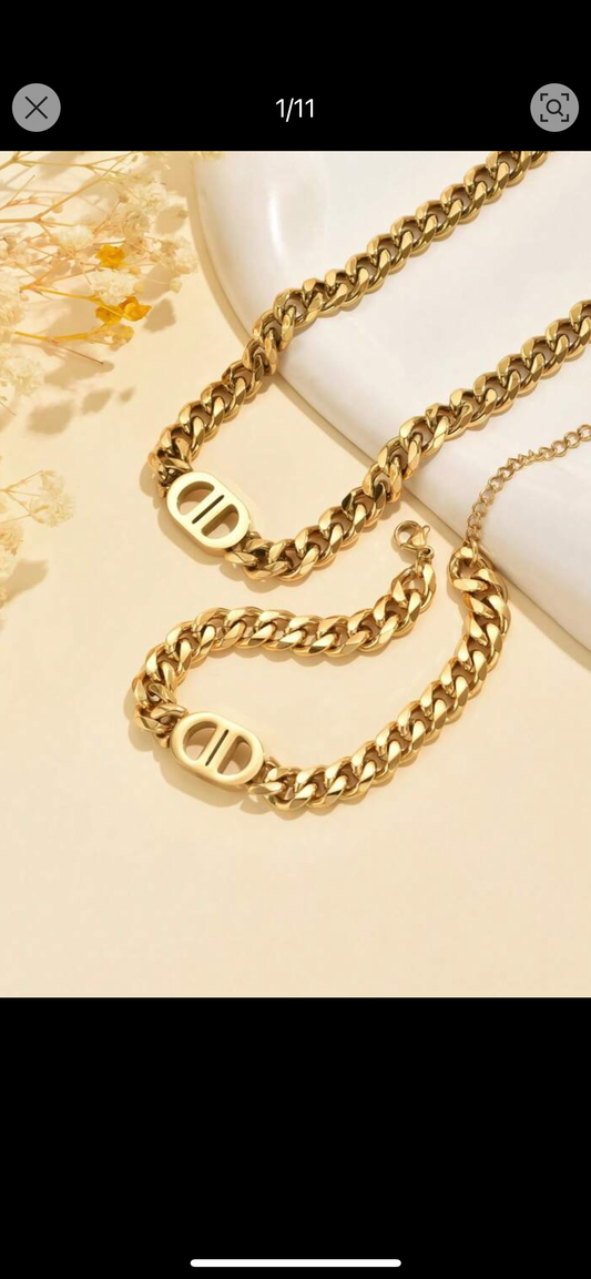 Gold Chain Link Necklace + Bracelet Set