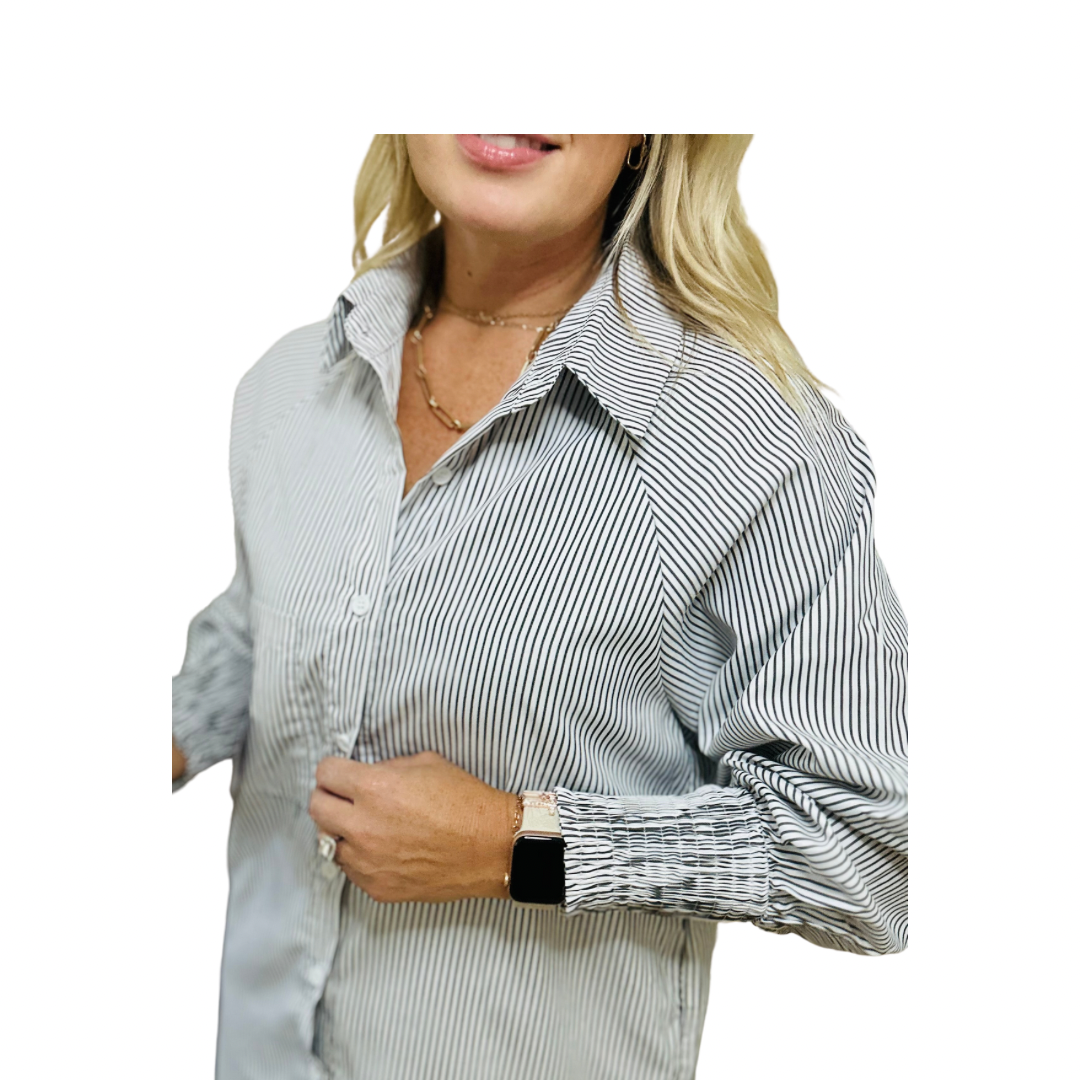 Smocked, cuffed, striped boyfriend shirt with pocket