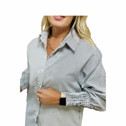 Smocked, cuffed, striped boyfriend shirt with pocket