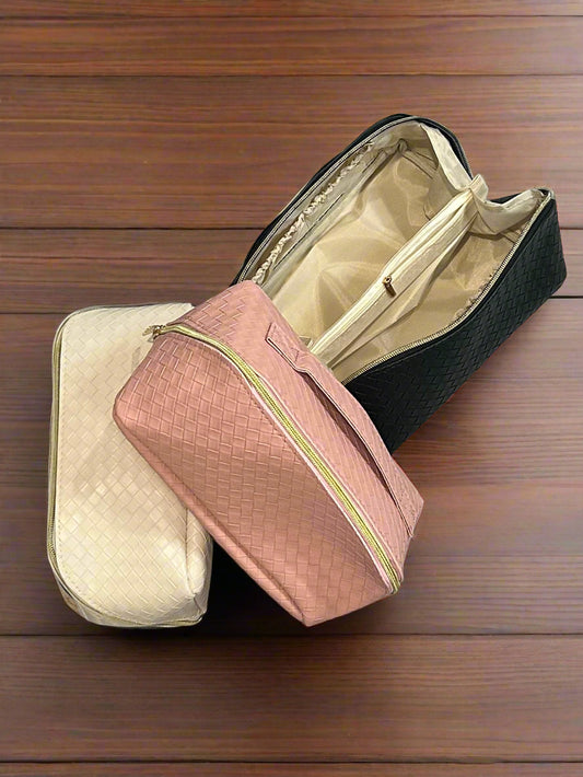 vegan leather, cosmetic makeup travel bag