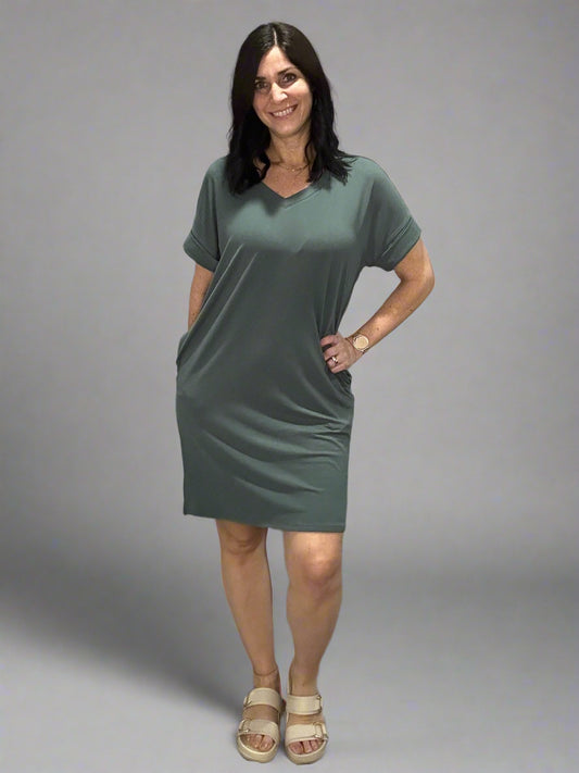 Rolled short sleeve V-neck dress