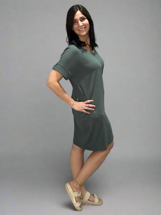 Rolled short sleeve V-neck dress