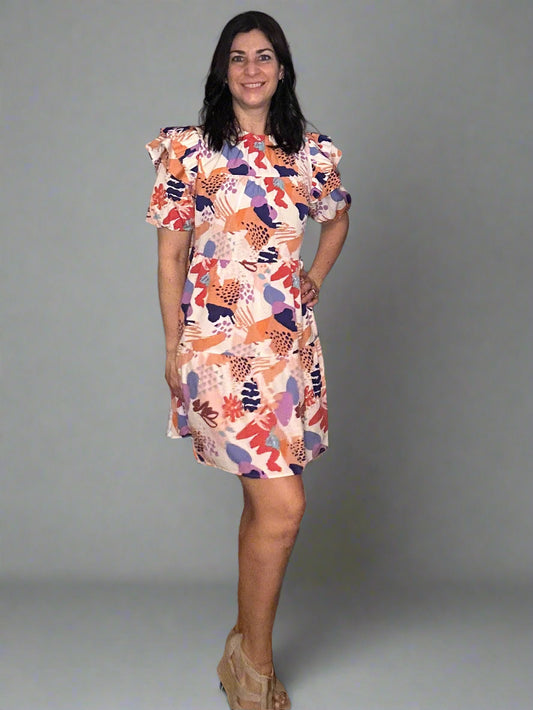 Print ruffle shoulder dress