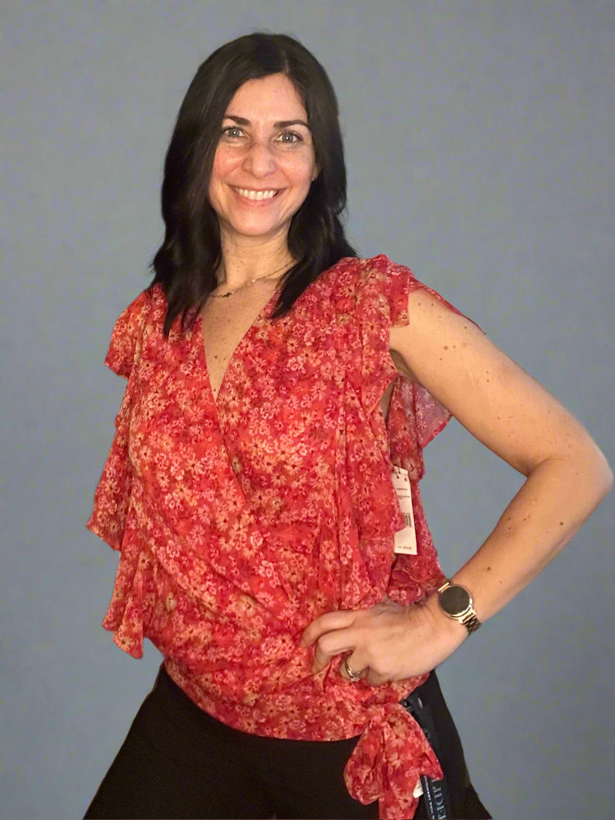Ruffle sleeve floral tie blouse