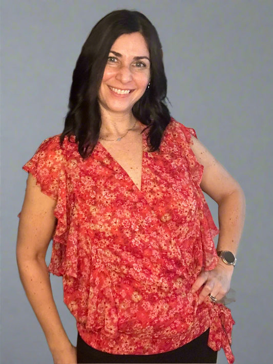 Ruffle sleeve floral tie blouse